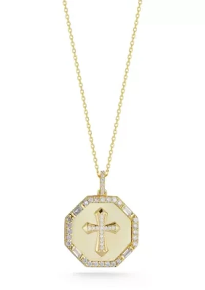 Sterling Silver CZ Cross Octagon Medallion Necklace