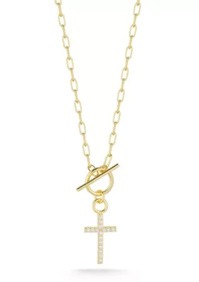 Sterling Silver CZ Cross Toggle Necklace with Paperclip Chain