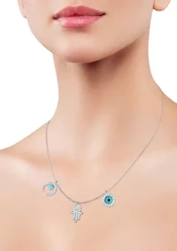 Sterling Silver Synthetic Turquoise and CZ Triple Protection Charm Necklace