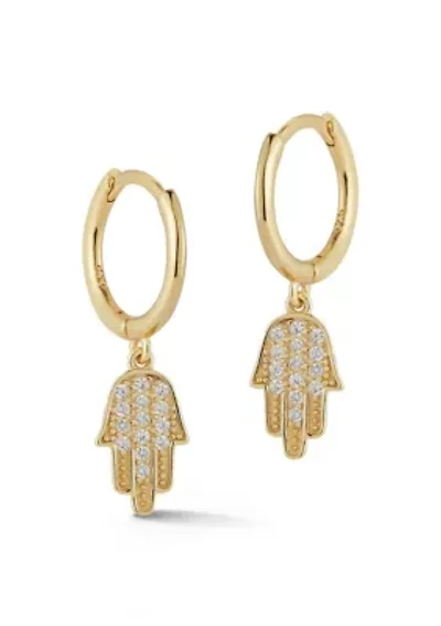 Sterling Silver CZ Hamsa Hand Charm Huggie Hoop Earrings