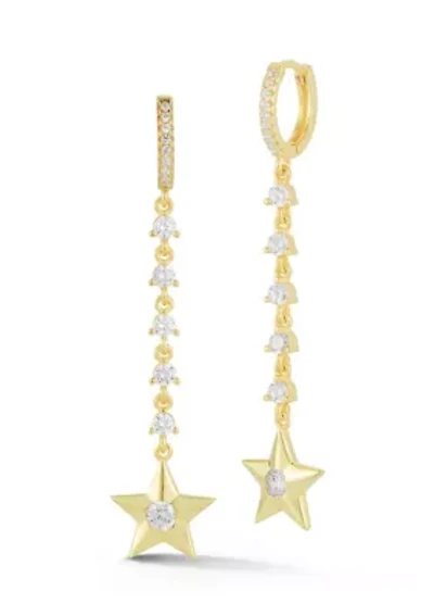 Sterling Silver CZ Star Charm Drop Huggie Hoop Earrings