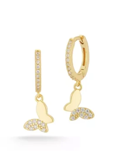 Sterling Silver CZ Butterfly Charm Huggie Hoop Earrings