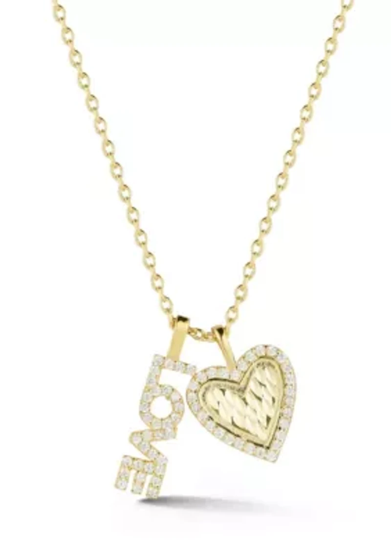 Sterling Silver CZ Halo Heart and "Love" Pendant Necklace
