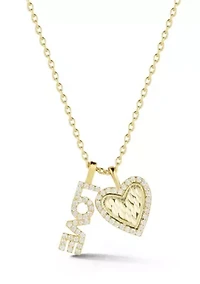 Sterling Silver CZ Halo Heart and "Love" Pendant Necklace