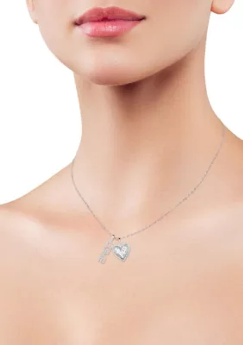 Sterling Silver CZ Halo Heart and "Love" Pendant Necklace