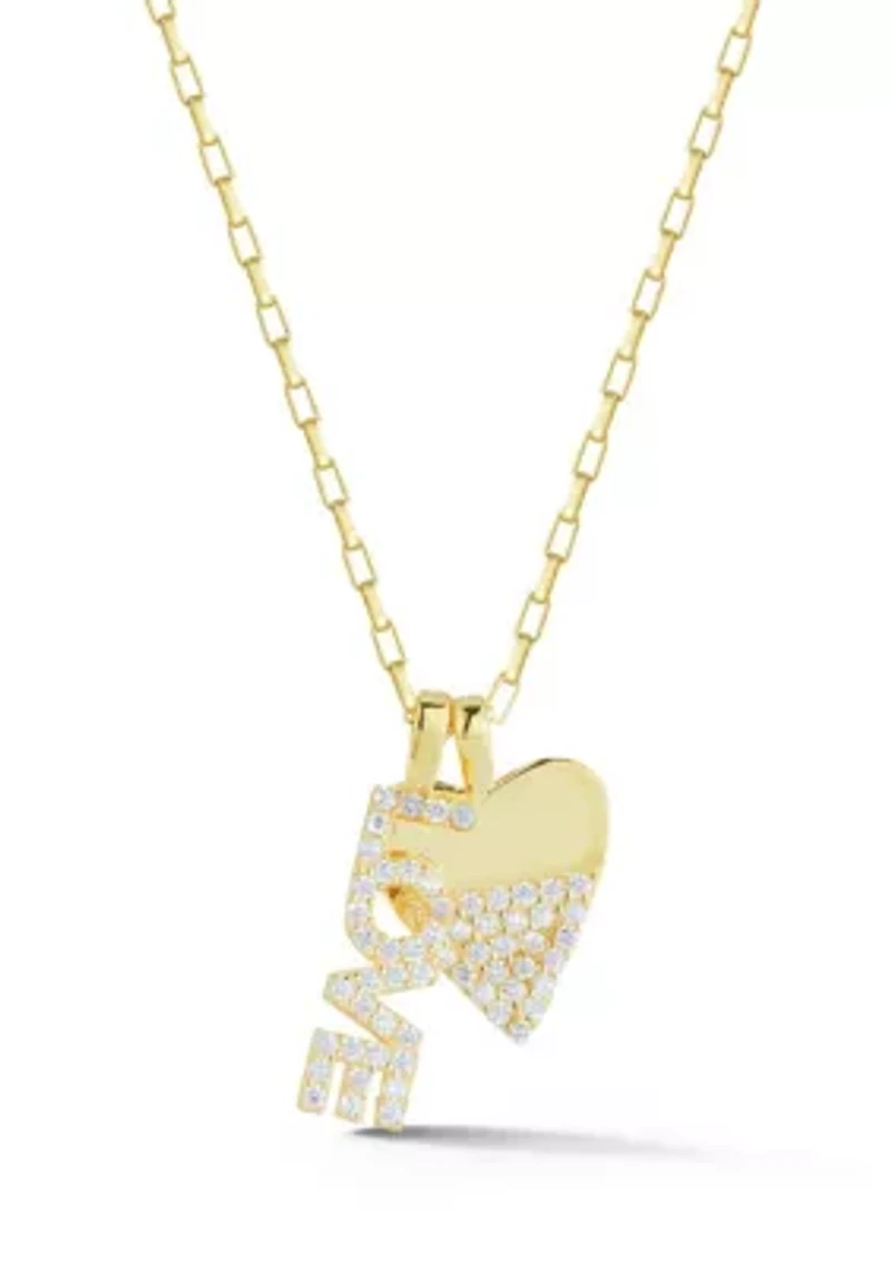 Sterling Silver CZ Half Pave Heart and "Love" Pendant Necklace