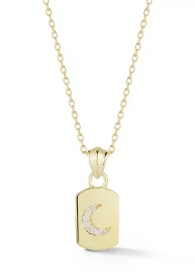 Sterling Silver Cubic Zirconia Moon Tag Pendant Necklace