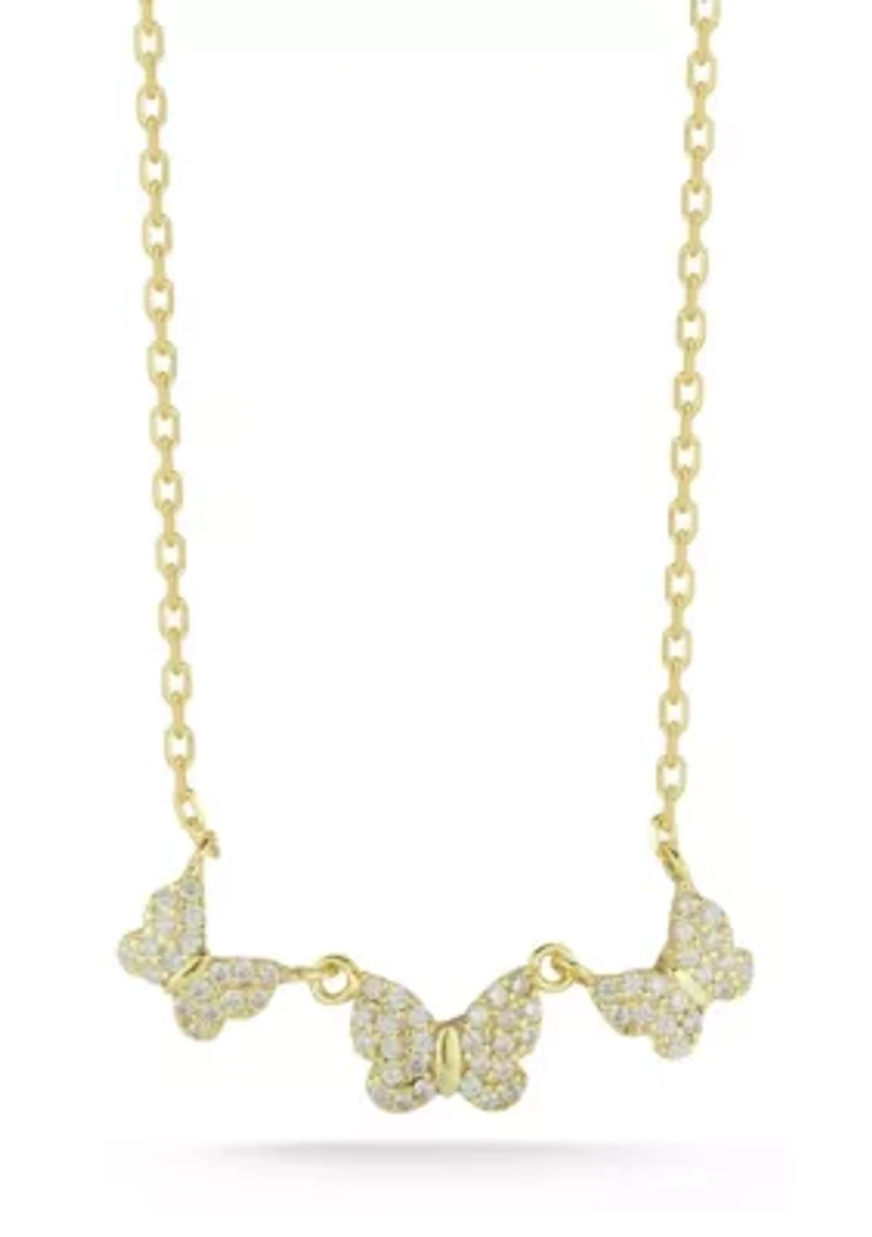 Sterling Silver Pave Triple Butterfly Pendant Necklace