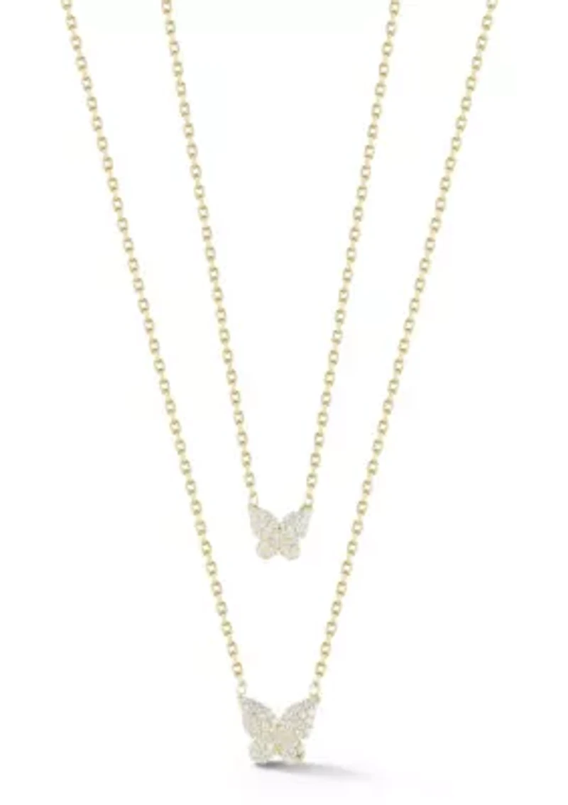 Sterling Silver CZ Double Layer Butterfly Pendant Necklace