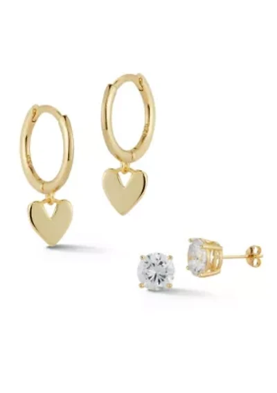 Sterling Silver Heart Huggies and CZ Studs 2 Pair Set