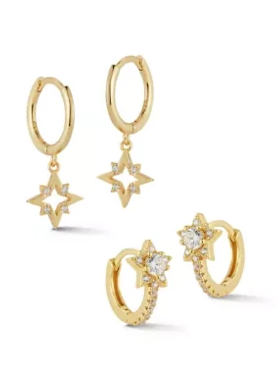 Sterling Silver CZ Star Huggies and Drop Earrings 2 Pair Set