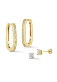 Sterling Silver Pave Oval Earrings and CZ Studs 2 Pair Set