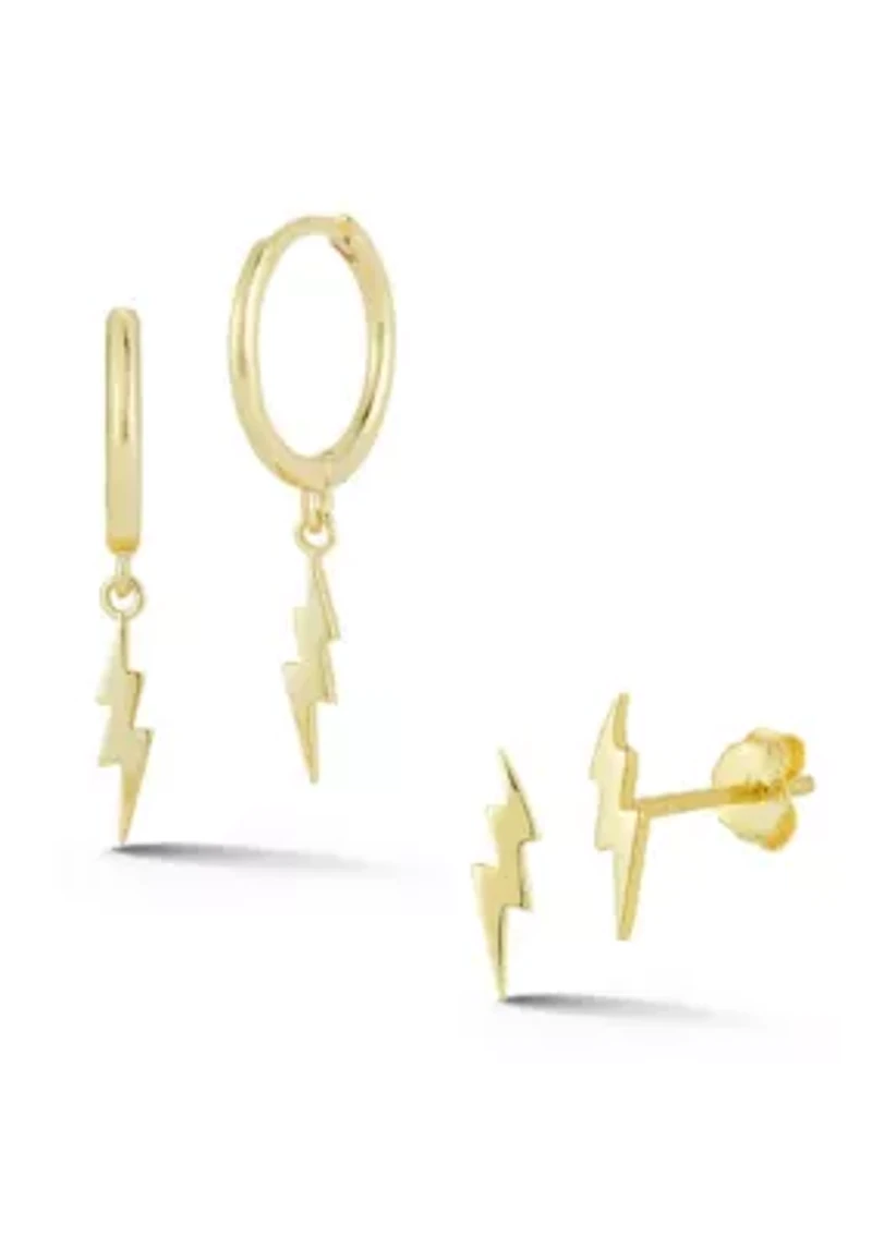 Sterling Silver Lightning Huggies and Studs 2 Pair Set