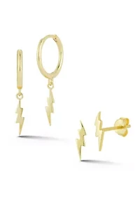 Sterling Silver Lightning Huggies and Studs 2 Pair Set