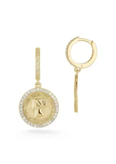 Sterling Silver Cubic Zirconia Coin Charm Huggie Hoop Earrings