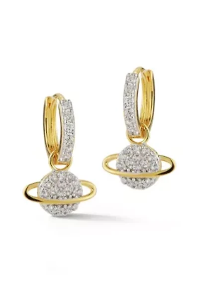 Sterling Silver Cubic Zirconia Planet Charm Huggie Hoop Earrings