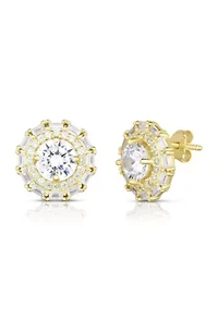 Sterling Silver Double Halo Round Cut CZ Stud Earrings