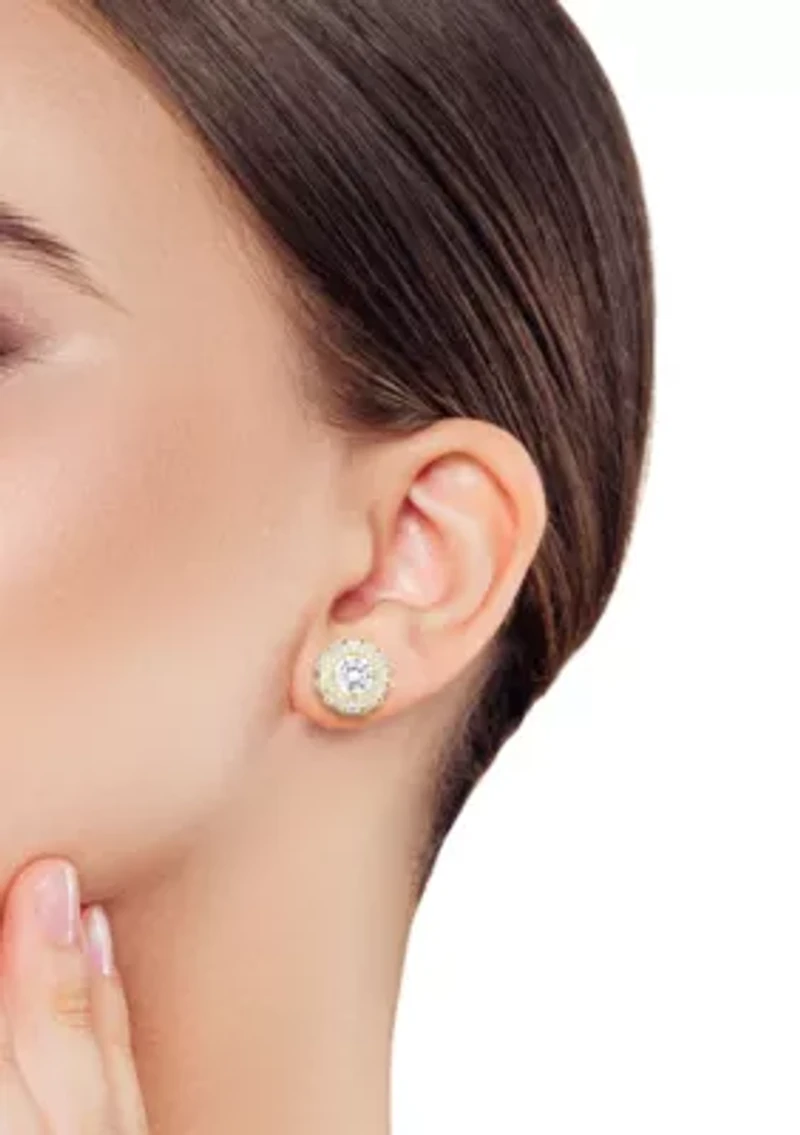 Sterling Silver Double Halo Round Cut CZ Stud Earrings