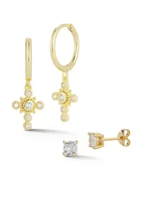 Sterling Silver CZ Cross Huggies and Stud Earrings 2 Pair Set