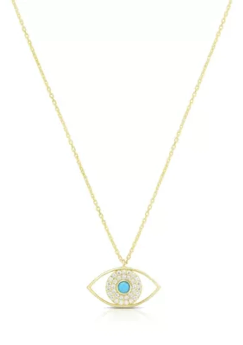 Sterling Silver CZ and Synthetic Turquoise Open Evil Eye Pendant Necklace