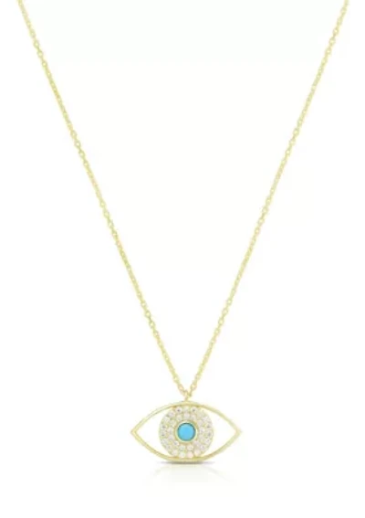 Sterling Silver CZ and Synthetic Turquoise Open Evil Eye Pendant Necklace