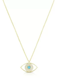 Sterling Silver CZ and Synthetic Turquoise Open Evil Eye Pendant Necklace