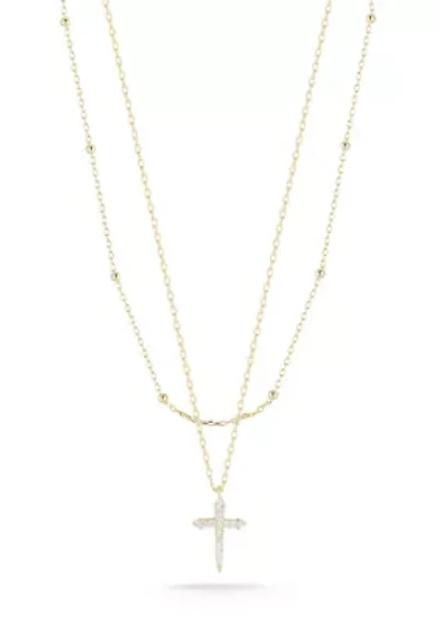 Sterling Silver Double Layer CZ Cross Pendant Necklace