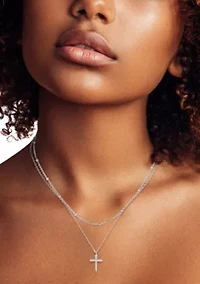 Sterling Silver Double Layer CZ Cross Pendant Necklace