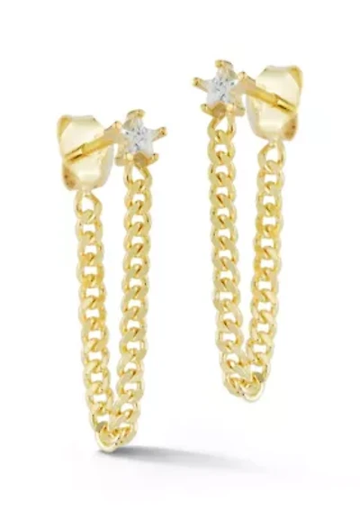 Sterling Silver CZ Star Curb Chain Front/Back Drop Earrings