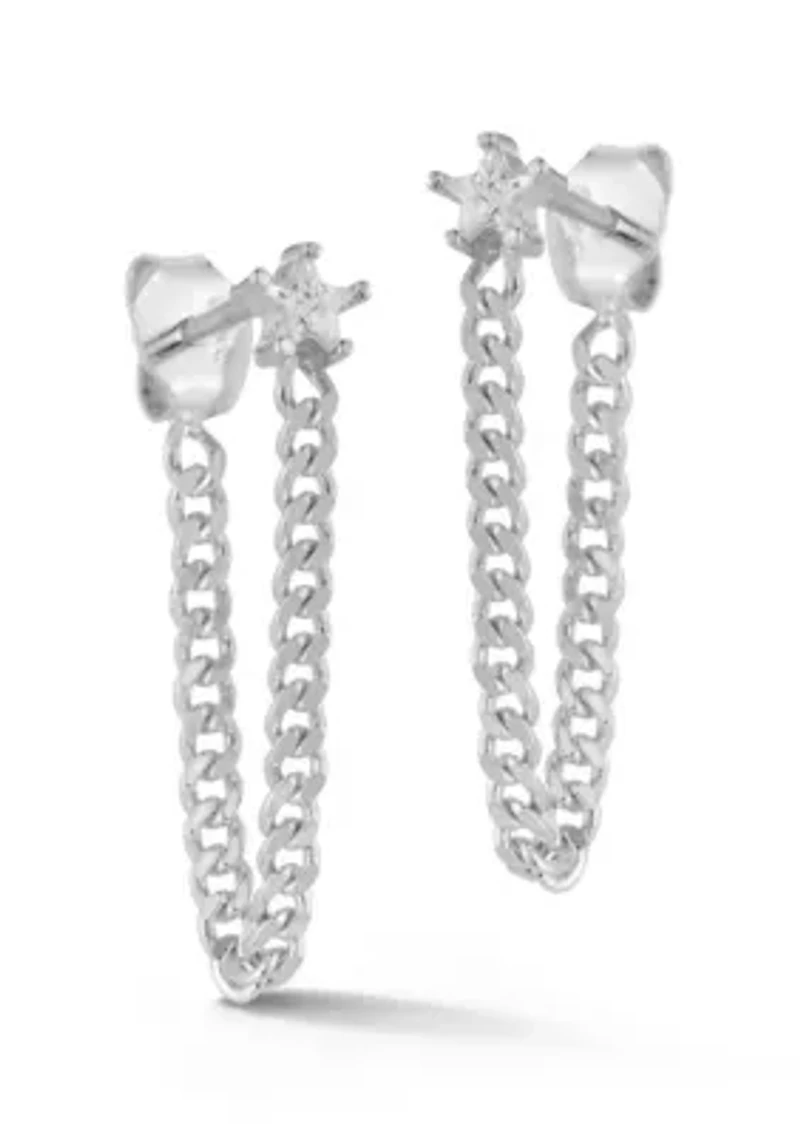 Sterling Silver CZ Star Curb Chain Front/Back Drop Earrings