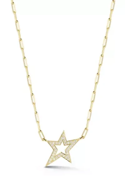 Sterling Silver Pave Open Star Pendant Necklace