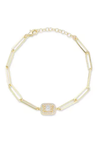 Sterling Silver Illusion Cut CZ Bracelet with Paperclip Chain