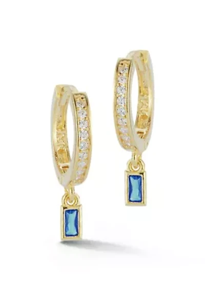 Sterling Silver Baguette Cut CZ Charm Huggie Hoop Earrings