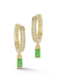 Sterling Silver Baguette Cut CZ Charm Huggie Hoop Earrings