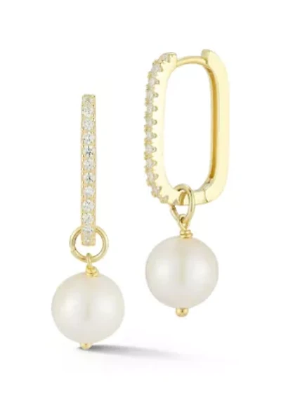 Sterling Silver Pave Pearl Charm Huggie Hoop Earrings