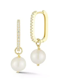 Sterling Silver Pave Pearl Charm Huggie Hoop Earrings