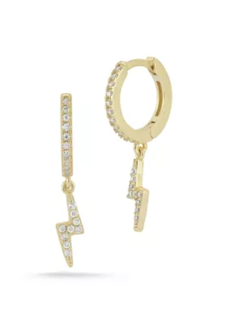 Sterling Silver Pave Lightning Charm Huggie Hoop Earrings