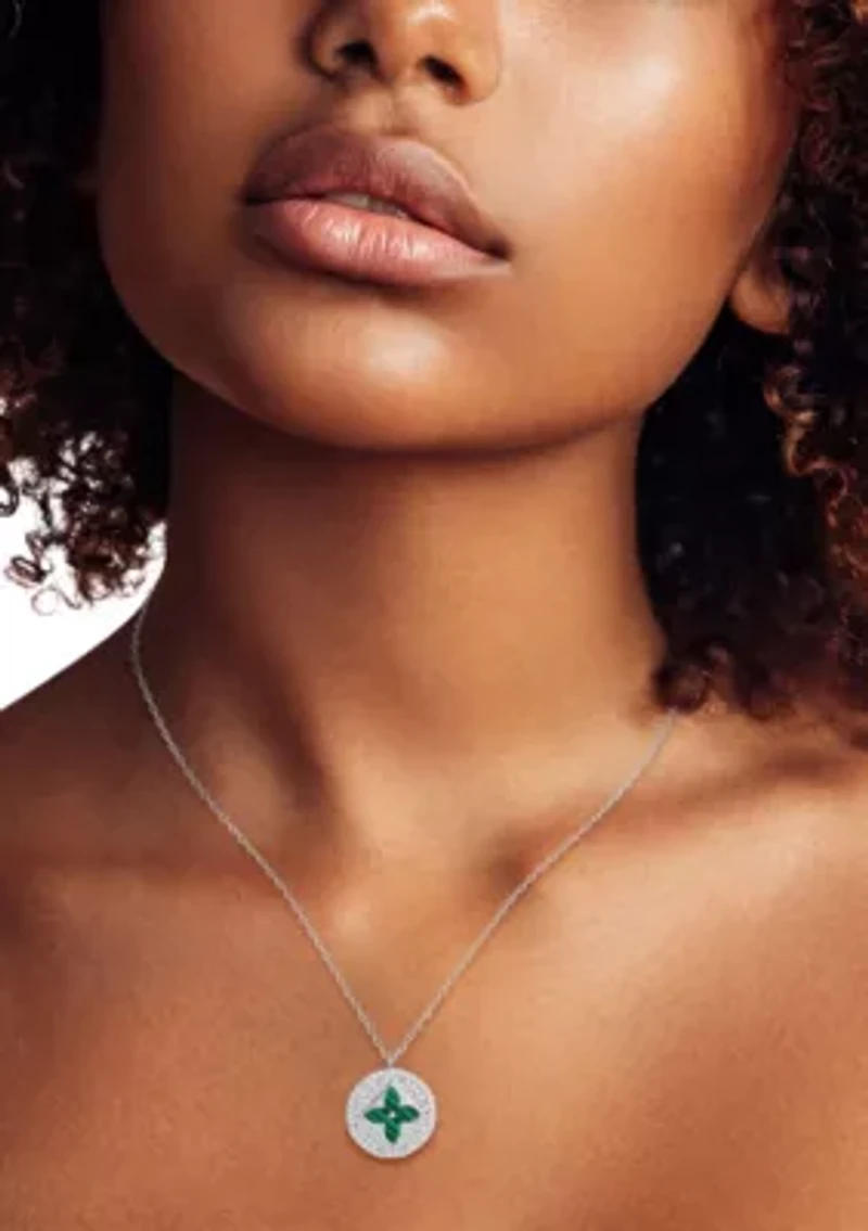 Sterling Silver Gemstone Clover Pave Medallion Necklace