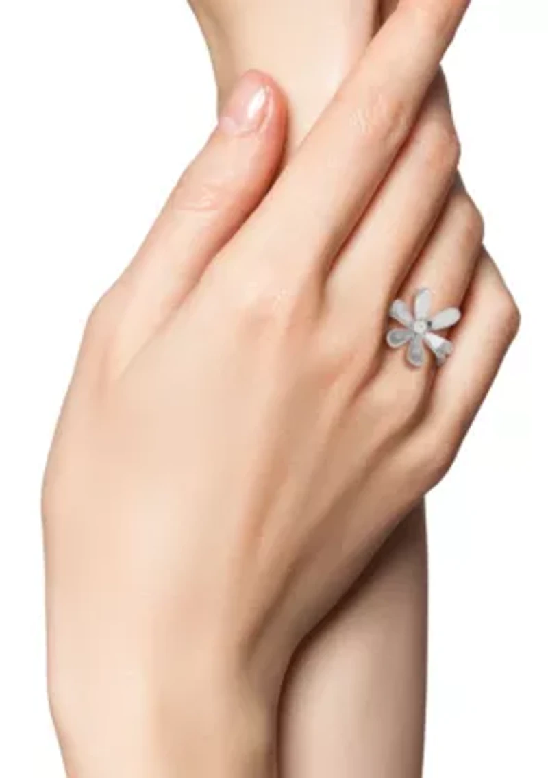 Sterling Silver CZ Bold Curved Flower Ring