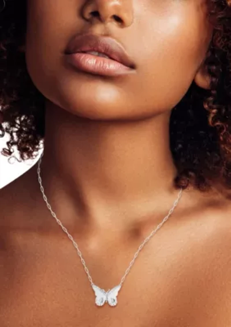 Sterling Silver CZ Butterfly Pendant Necklace with Paperclip Chain
