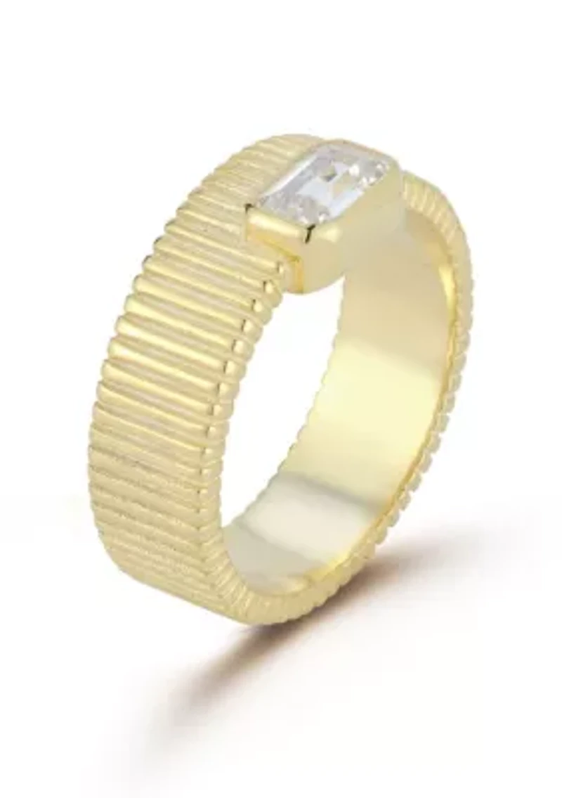 Sterling Silver Emerald Cut CZ Ribbed Band Ring