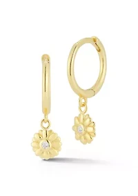 Sterling Silver CZ Flower Charm Huggie Hoop Earrings