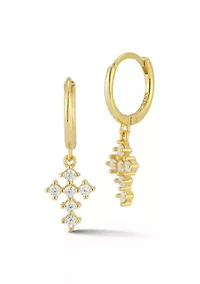 Sterling Silver CZ Dainty Cross Charm Huggie Hoop Earrings