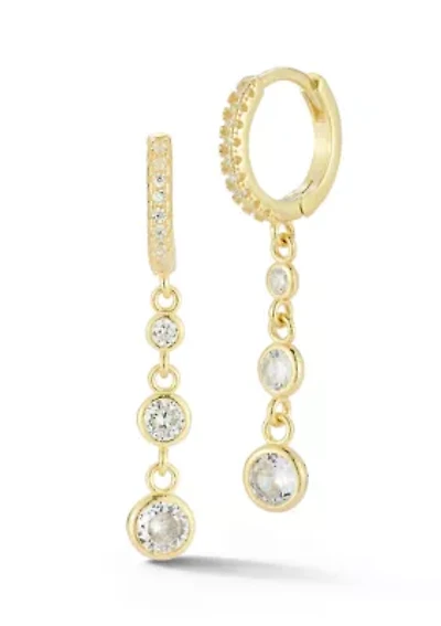 Sterling Silver Graduated Bezel CZ Charm Huggie Hoop Earrings