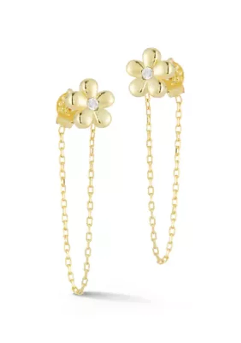 Sterling Silver CZ Flower Front/Back Drop Earrings