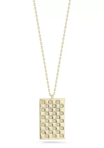 Sterling Silver CZ Checkered Tag Pendant Necklace