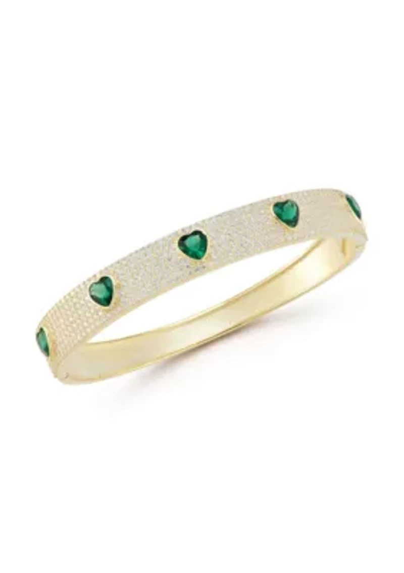 Sterling Silver Green and White Cubic Zirconia Multi Heart Bangle Bracelet
