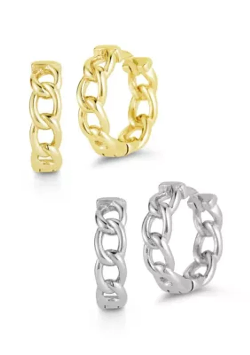 Two Tone Sterling Silver Curb Chain Huggie Hoop Earrings 2 Pair Set