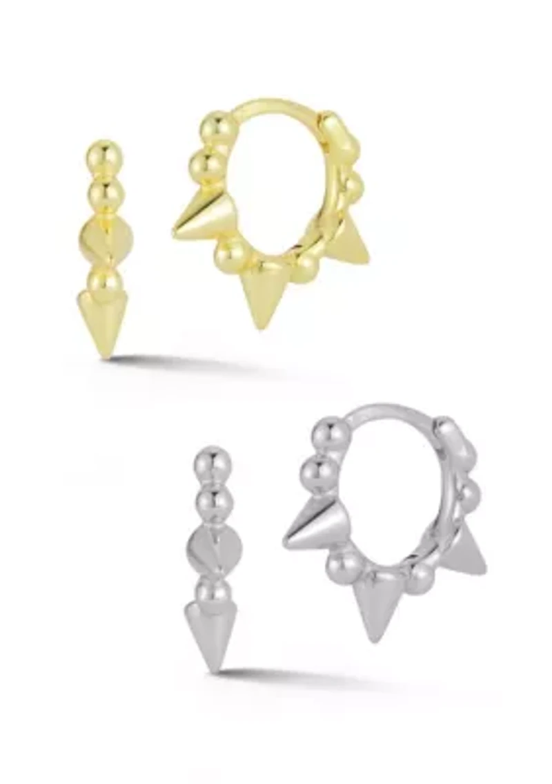Two Tone Sterling Silver Spike Huggie Hoop Earrings 2 Pair Set