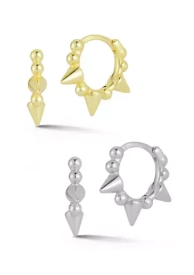 Two Tone Sterling Silver Spike Huggie Hoop Earrings 2 Pair Set
